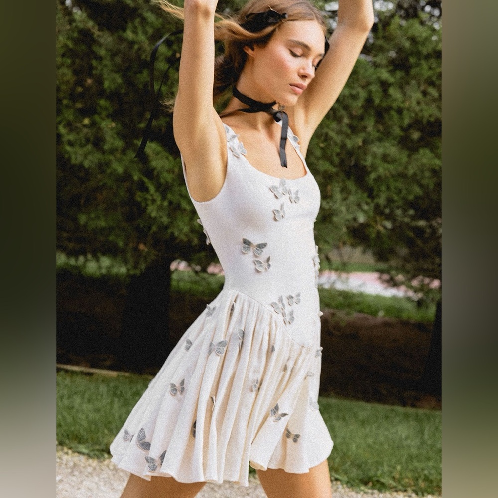 AGUA BY AGUA BENDITA Pluma Drop-Waist Butterfly Mini Dress, size small